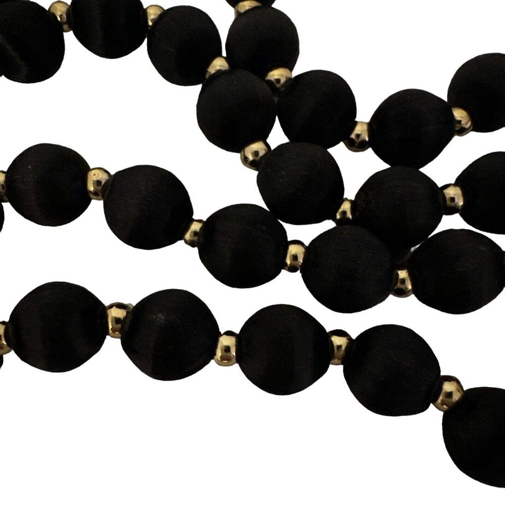 Vintage Black Silk Wrapped Bead Necklace Gold Tone Spacers Opera Length 30 Inch